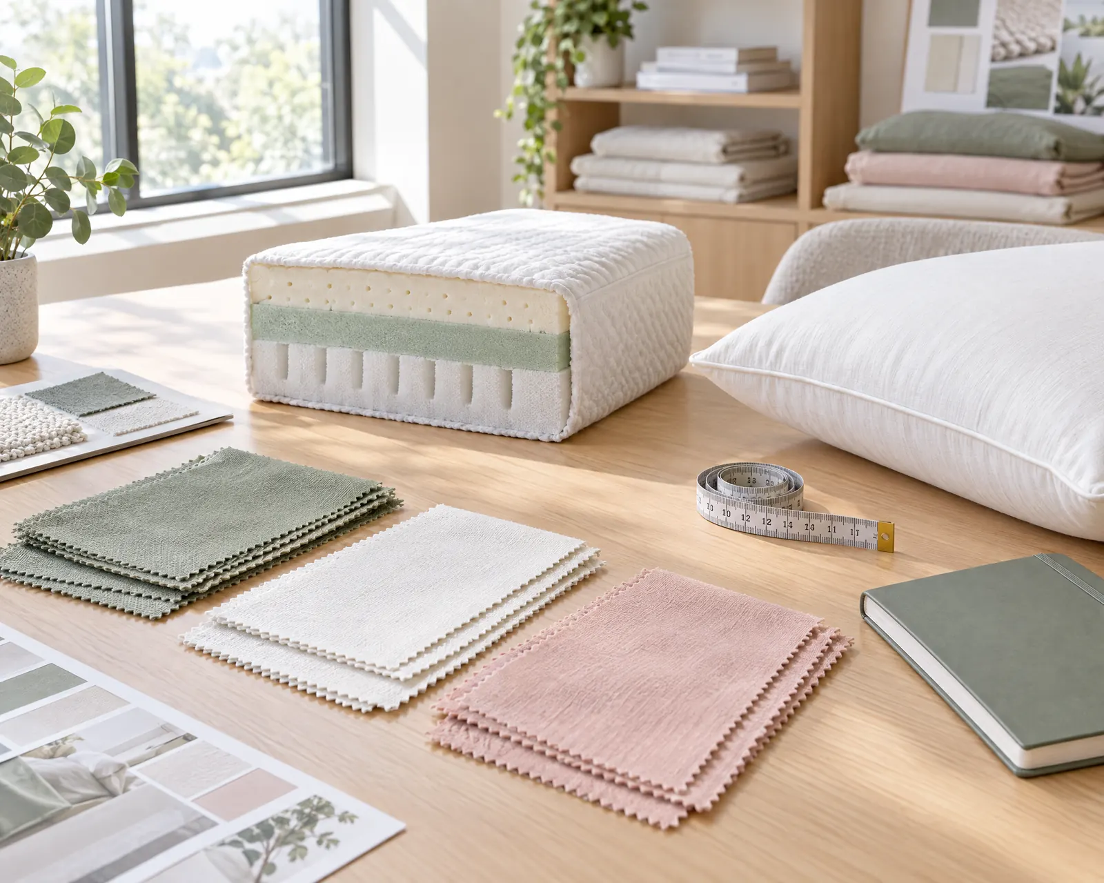 Product development table with fabric swatches, a foam sample and a pillow