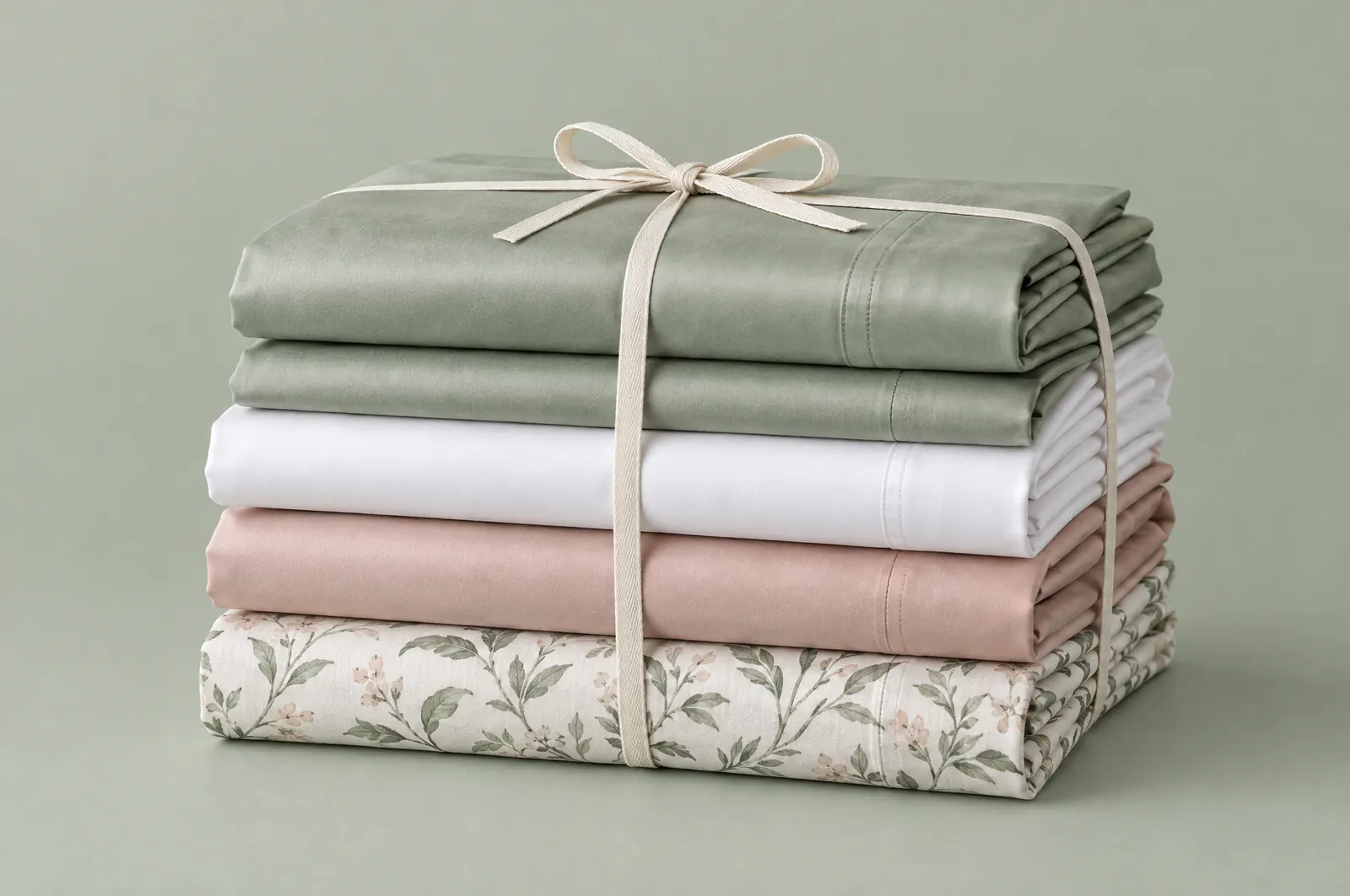 Stacked cotton bed linen sets in sage, white, blush and a floral print