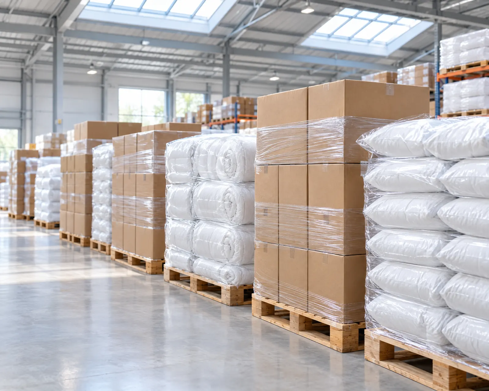 Pallets of packed pillows and duvets in a warehouse